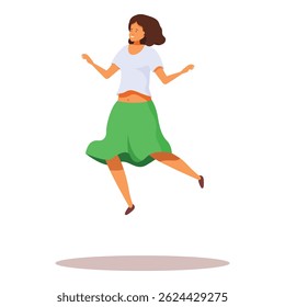 Young woman is jumping with a big smile on her face, showing her happiness