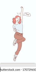 A young woman jumping and celebrating, she is joyful. Hand drawn in thin line style, vector illustrations.