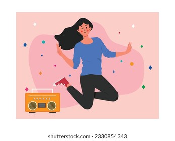 A young woman jumping and dancing alone to radio music, having fun with energetic activities. Design. Vector flat illustration