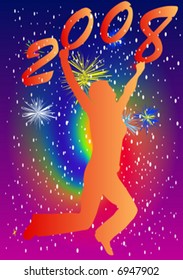 young woman jumping fireworks background