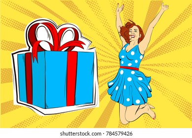 Young woman jumping up of happiness. Gift box and happy girl in blue dress. Pop art retro vector illustration