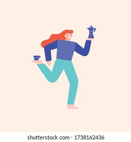 Young woman jumping and holding cup, espresso coffee maker or kettle on pstel background. Happy morning concept. Flat vector illustration in cartoon style.