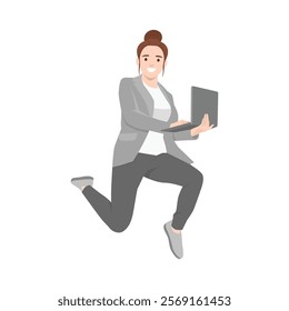 Young woman jumping holding laptop in hands working as freelancer. Flat vector illustration isolated on white background