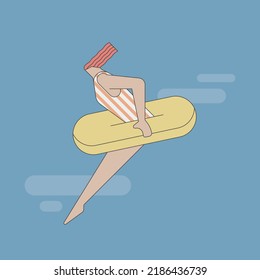 Young woman jumping into the water with a float. Isolated vector illustration.