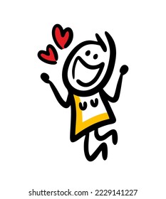 Young woman jumping in joy and love with smile on the face. Vector illustration of crazy romantic girl.