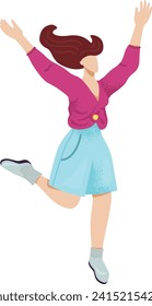 Young woman jumping with joy, wearing a purple top and blue skirt. Happiness and celebration concept vector illustration.