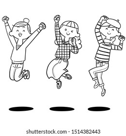 Young woman jumping leftward Black outline