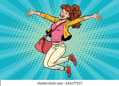 young woman jumping, lifestyle. Pop art retro comic book vector illustration