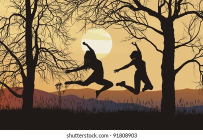 Young woman jumping in a meadow - vector illustration