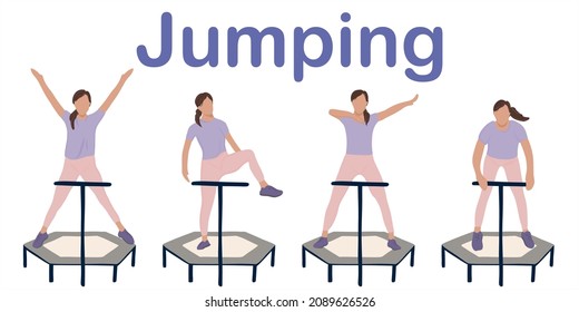 Young woman jumping on a trampoline. Set. Jumping on a trampoline. Training in sports acrobatics. Young woman jumping on a trampoline. Trampoline icons. Logo design. Vector flat illustration.Very Peri