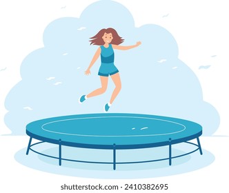 Young woman jumping on trampoline outdoors, having fun with joyful expression, clear sky. Recreation and playful activity, fitness exercise vector illustration.