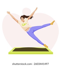Young woman jumping on trampoline with joy. Vector illustration