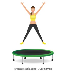 Young woman jumping on trampoline. Pretty fit girl in leggings and crop top with hands up.