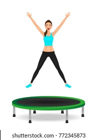 Young woman jumping on trampoline. Pretty fit girl in leggings and crop top with hands up.