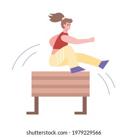 Young woman jumping over obstacle or wooden barrier, flat cartoon vector illustration isolated on white background. Overcoming obstacles and goals achievement.