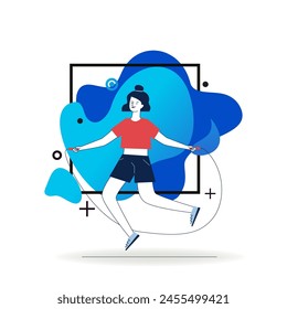 Young woman jumping rope. Female character warming up flat vector illustration. Body training workout, activity concept for banner, website design or landing web page