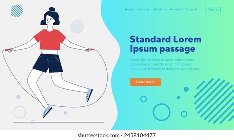 Young woman jumping rope. Female character warming up flat vector illustration. Body training workout, activity concept for banner, website design or landing web page