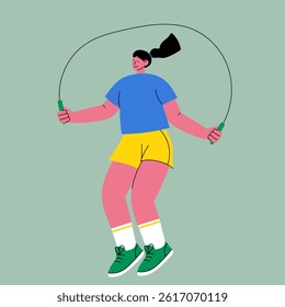 Young woman jumping rope in flat vector style. Colorful fitness illustration for workout apps, health blogs, sports posters, gym ads, or lifestyle magazines.