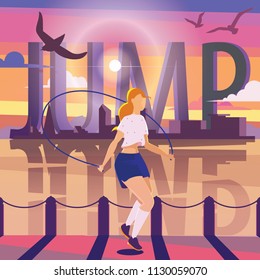 Young woman jumping with rope on pier.  Colorful sport illustration with large word JUMP, city silhouette and water. 