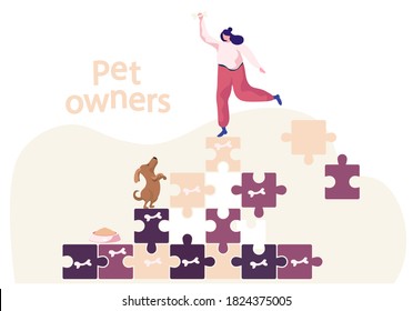 Young woman jumping steps, feeding her dog. Funny training her domestic animal. Happy female cartoon character playing with her pet on puzzle pyramid background. Owner with her cheerful doggy