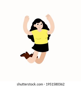 Young woman jumps. Joy and enjoyment of life. A modern trendy female character. Happy girl in active motion. Flat cartoon illustration isolated on white
