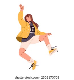 Young woman jumps for joy, rejoices at win, winks. Happy girl celebrates success, victory. Person with positive emotions, expressions has fun. Flat isolated vector illustration on white background