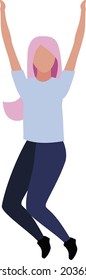 Young woman jumps for joy semi flat color vector character. Jumping figure. Full body person on white. Enjoying life isolated modern cartoon style illustration for graphic design and animation