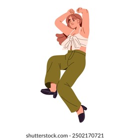 Young woman jumps for joy, winks, hands up. Happy employee rejoices at business success. Positive girl celebrates win, has fun for victory. Flat isolated vector illustration on white background