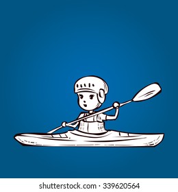 A young woman in a kayak. Hand drawn cartoon vector illustration.