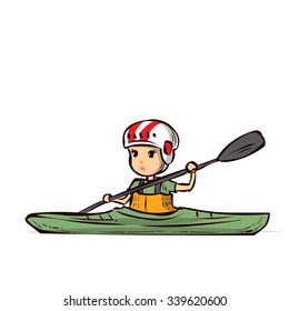 A young woman in a kayak. Hand drawn cartoon vector illustration.