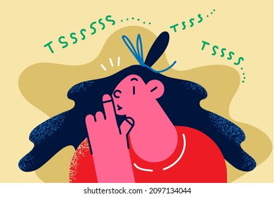 Young woman keep finger lips make hush gesture. Girl ask please be quiet shush or beg for silence. Female demand confidentiality and secrecy. Stop talking. Flat cartoon illustration. 