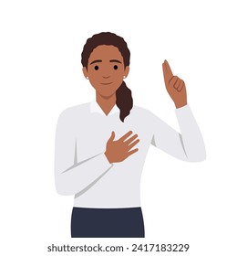 Young woman keeping hands on chest making promise. Smiling friendly woman expressing gratitude with peace sign. Flat vector illustration isolated on white background