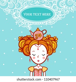 Young woman with a kettle on his head. The Princess of the dreams in the clouds.Oval Frame Shape with text. teapot boils. Tea time