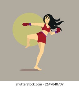 young woman kicking with the leg on grey background. Vector cartoon illustration