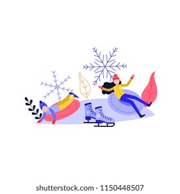 Young woman and kid sledding and having fun on snow hill isolated on white background - winter sport and active leisure concept with people riding on snow tube in flat vector illustration.