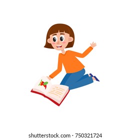 Young woman, kindergarten teacher, educator reading a book, sitting on the floor, cartoon vector illustration isolated on white background. Pretty girl, woman, teacher reading picture book to kids