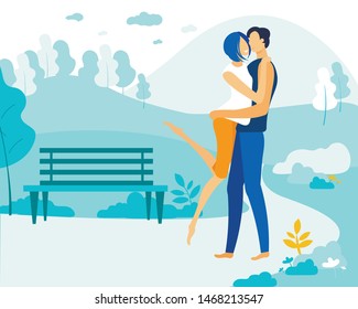 Young Woman Kiss Man in Cheek at Park, Loving Couple Hugging and Kissing Outdoors . Romantic Meeting, Relations, Love, Summer Time Leisure. Man Holding Woman on Hands. Cartoon Flat Vector Illustration