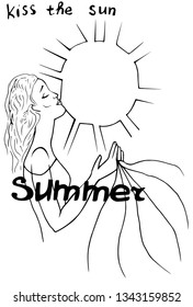 Young woman kisses the sun. Summer vector composition. Black and white graphics