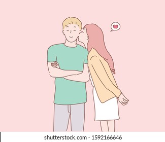 Young woman kissing man on his cheeks.Hand drawn style vector design illustrations.