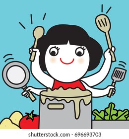 A Young Woman In Kitchen Cooking Soup Food In Pot With Various Vegetables Ingredients Around While Holding Kitchen Utensils Spatula Pan In Her Multiple Hands Concept Card CHaracter illustration