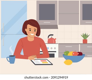 Young woman in the kitchen is looking for a recipe in a tablet. Vector flat illustration