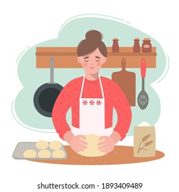 Young woman in the kitchen prepares fluffy buns. She has the dough in her hands.  Illustration of a young woman cooking at home.