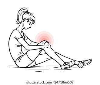 Mujer joven con dolor de rodilla. Lesión de rodilla en deportes. Ilustración vectorial dibujada a mano. Contorno negro