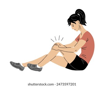 Mujer joven con dolor de rodilla. Lesión de rodilla en deportes. Caída y abrasión. Ilustración vectorial plana aislada sobre fondo blanco