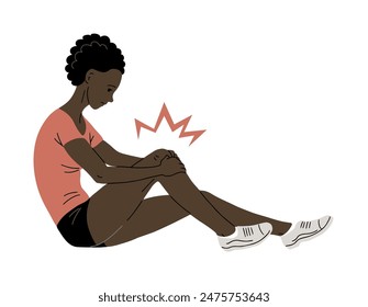 Young woman with knee pain. Knee injury in sports. Fall and abrasion. Flat vector illustration isolated on white background