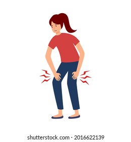 Young woman with knee pain symptom in flat design on white background. Female  feel tired her legs and knees concept vector illustration.