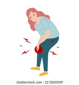 Young woman with knee pain symptom in flat design on white background. Female feel tired her legs and knees concept vector illustration.