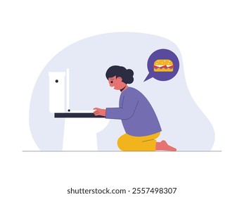 Young woman kneeling in front of toilet with suffering facial expression,feeling nauseous or unwell after consuming fast food,health problem vector illustration.