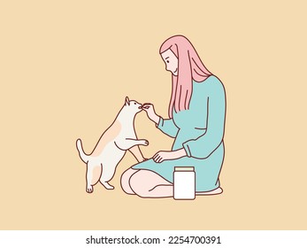 young woman kneeling on floor feeding to her cat korean simple style illustration