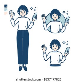 A young woman in a Knit sweater with Holding a smartphone and doing an OK sign images.
It's vector art so it's easy to edit.
